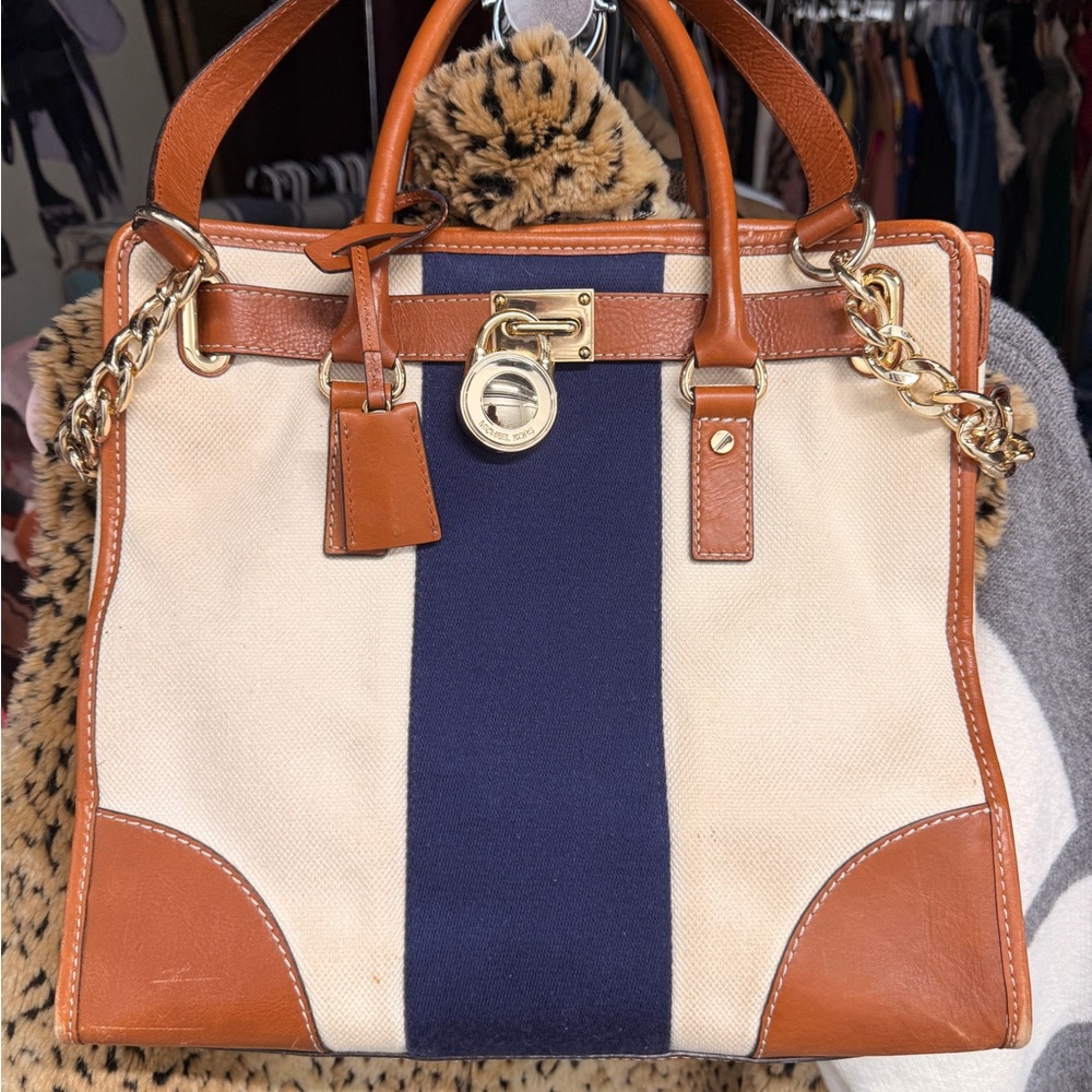 Michael Kors Cream and Navy Canvas Tote with Tan Leather Trim and Gold Hardware
